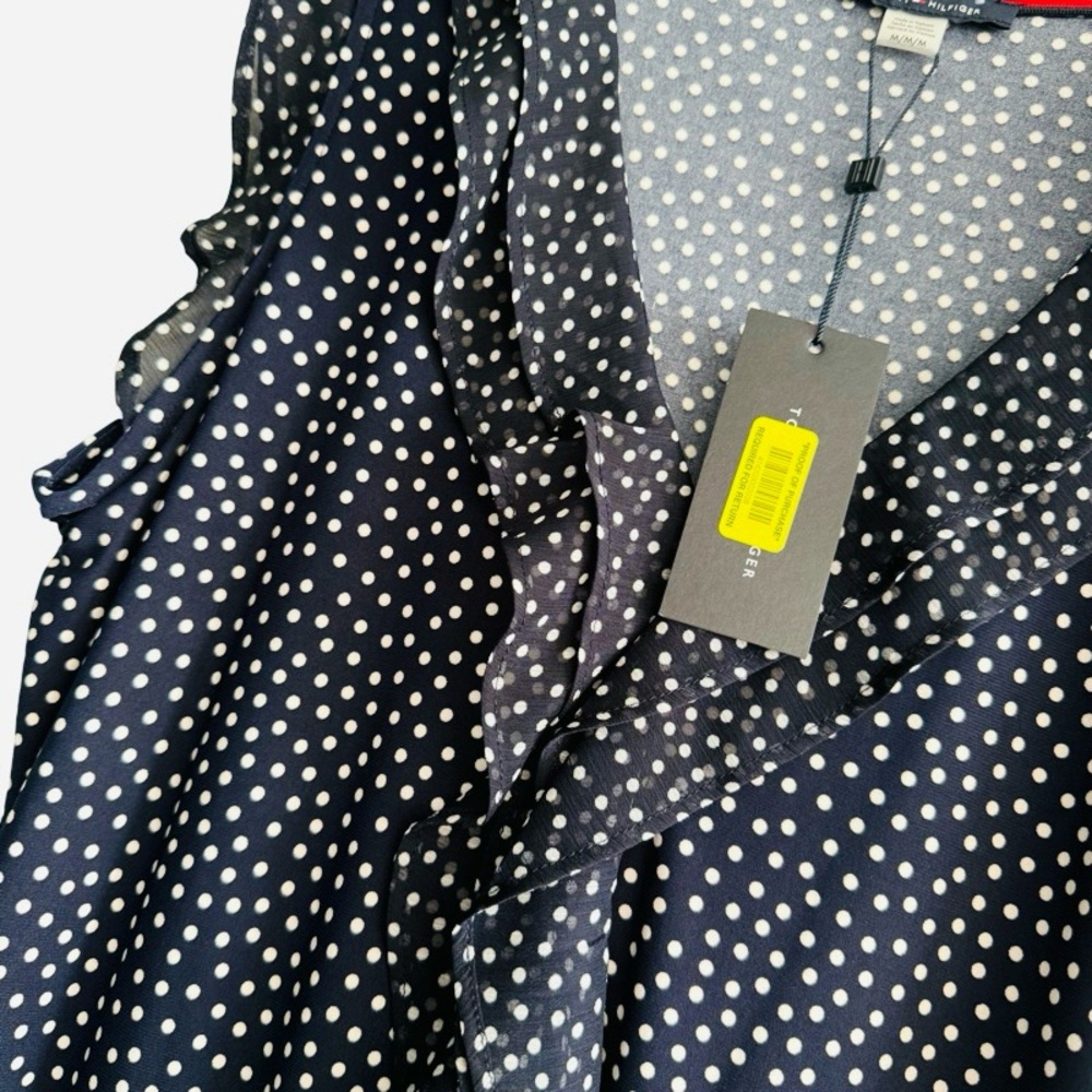 NEW Tommy Hilfiger Cascading Ruffle V-neck Blouse Polka Dot Navy Blue Size M - Picture 7 of 13